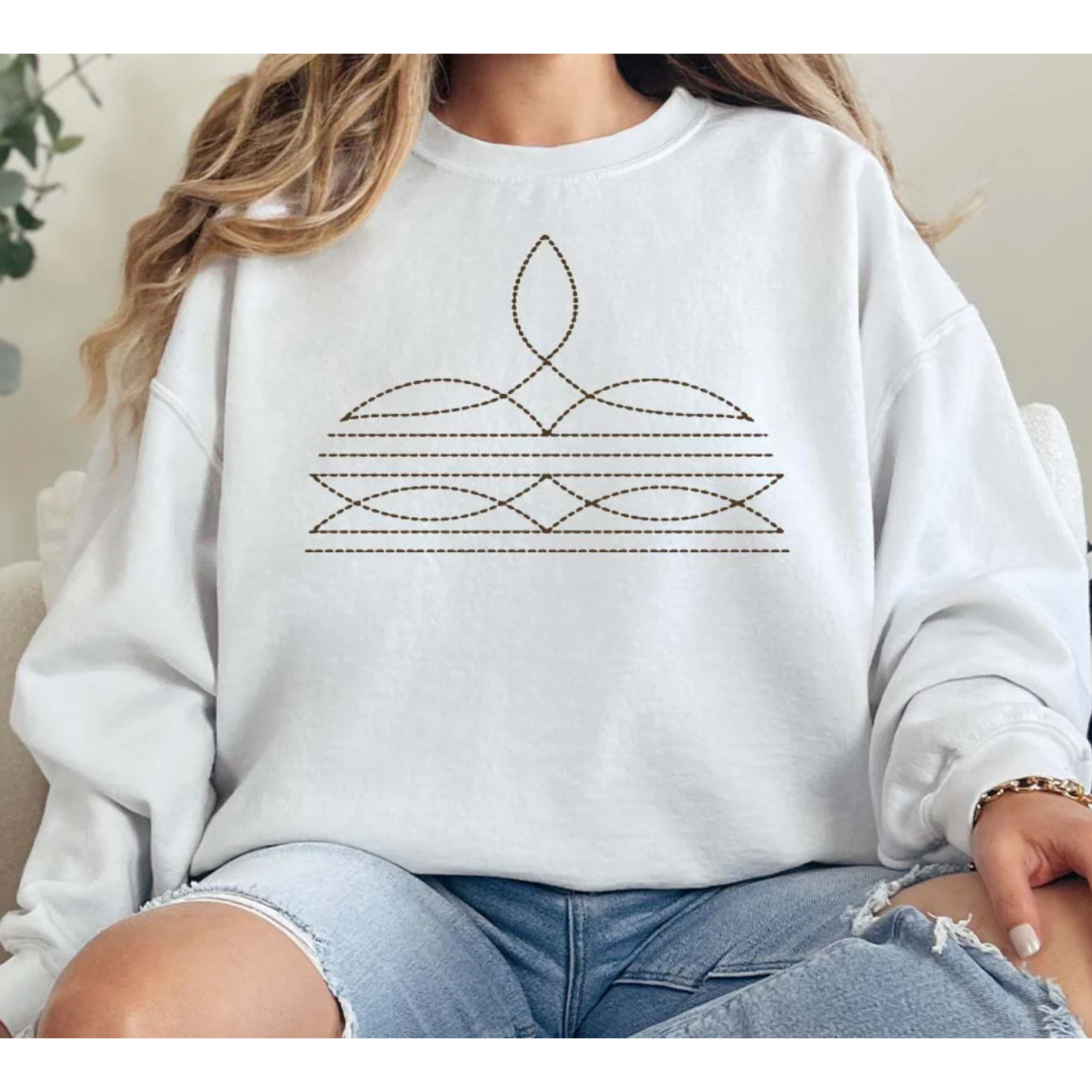 Western Boot Stitch Sweatshirt -XL / White Tee