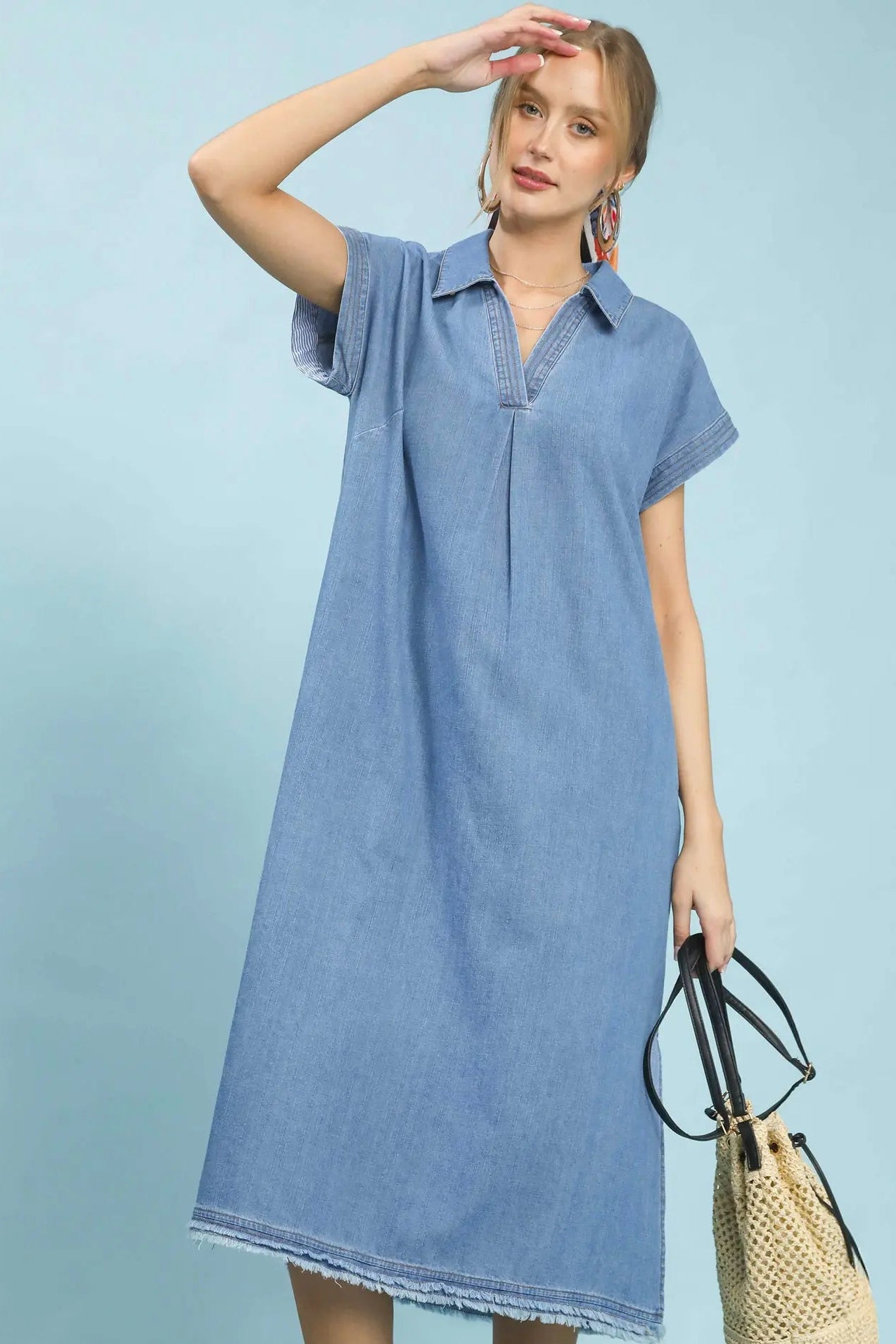 Umgee Dakota Stone Wash Light Denim Midi Dress