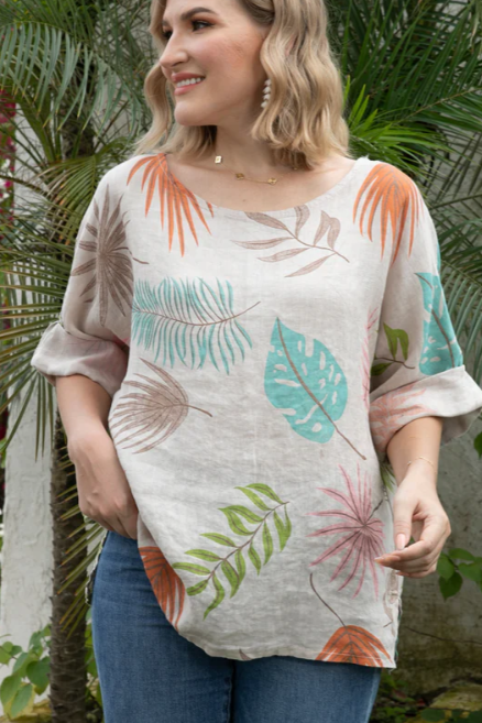 LEAF LINEN TOP in WHITE
