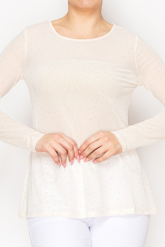 LONG SLEEVED MESH TOP w/SPARKLE in BEIGE