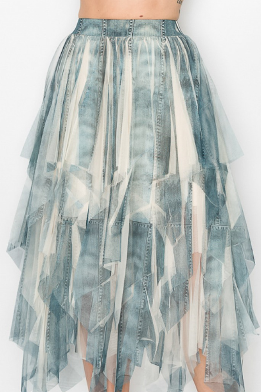 LINED TIERED MESH SKIRT in DENIM