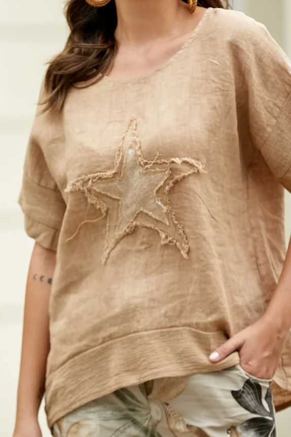 LINEN STAR TOP in BEIGE