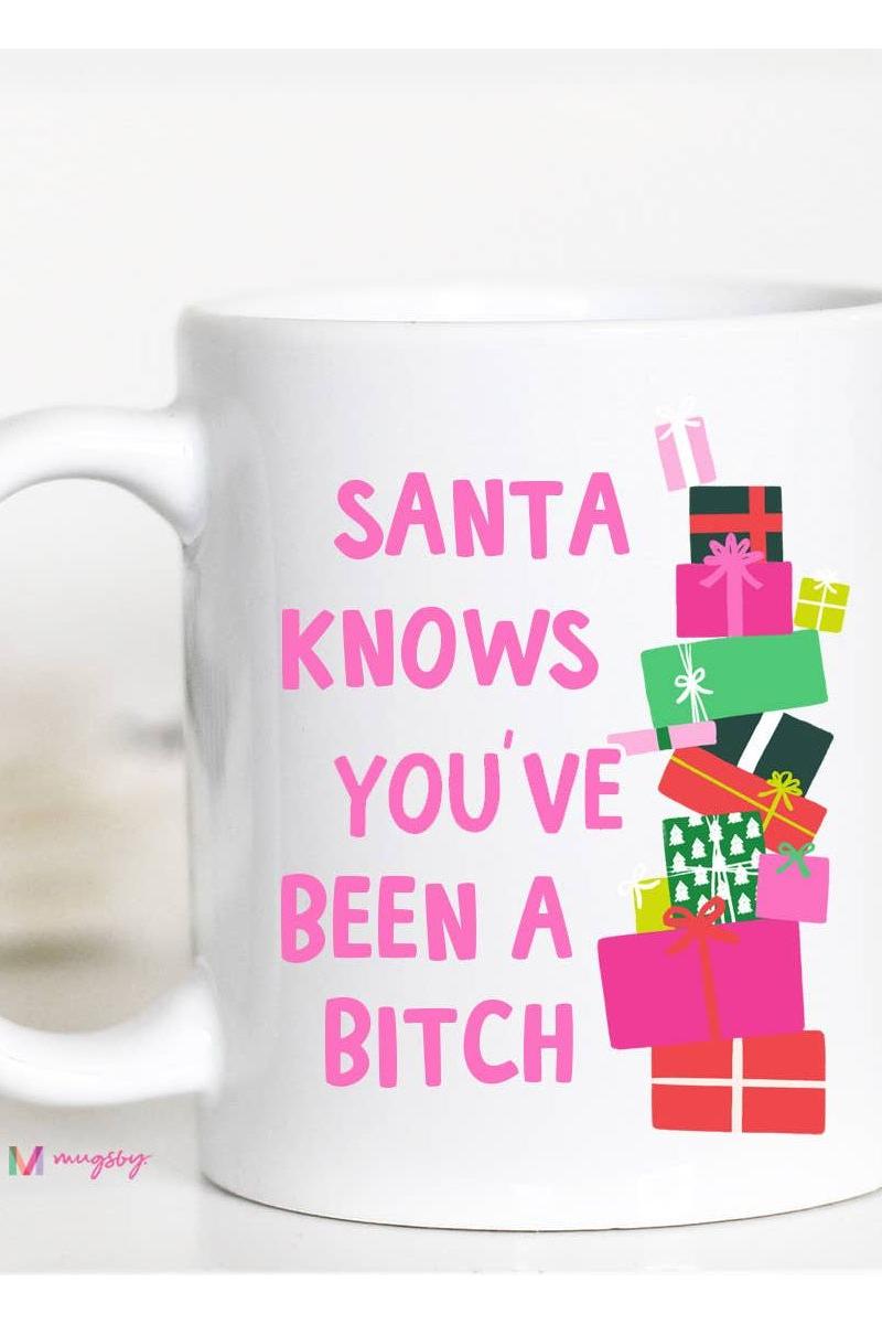Santa Knows Funny Christmas Mug, Ceramic Mug, Christmas: All White / 15oz