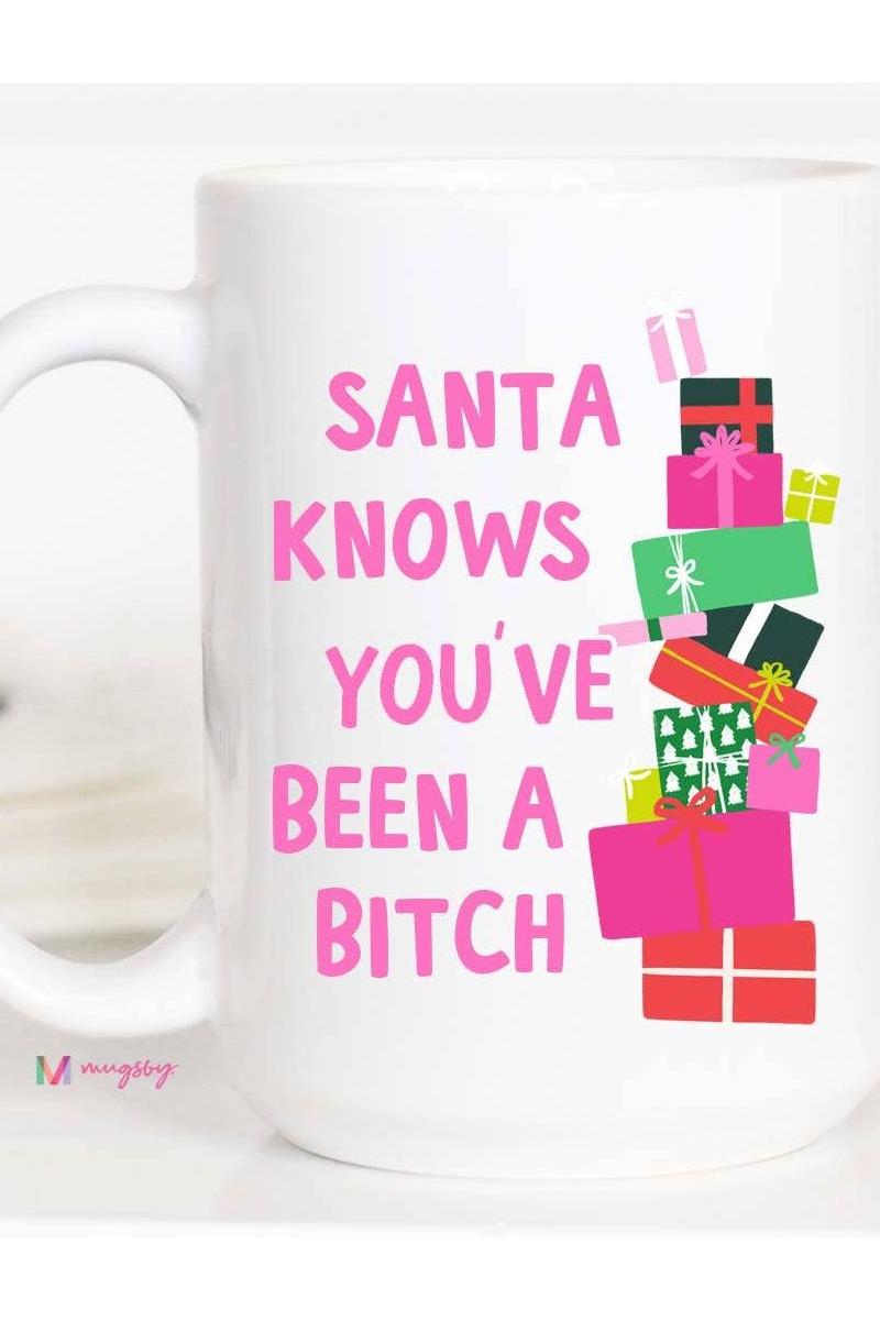 Santa Knows Funny Christmas Mug, Ceramic Mug, Christmas: All White / 15oz