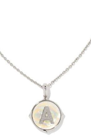 KENDRA SCOTT LETTER DISC PENDANT NECKLACE RHODIUM IRIDESCENT ABALONE