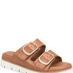 Brown sandal with gold buckles on a white background