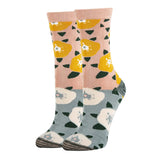 Two socks with floral patterns on a white background