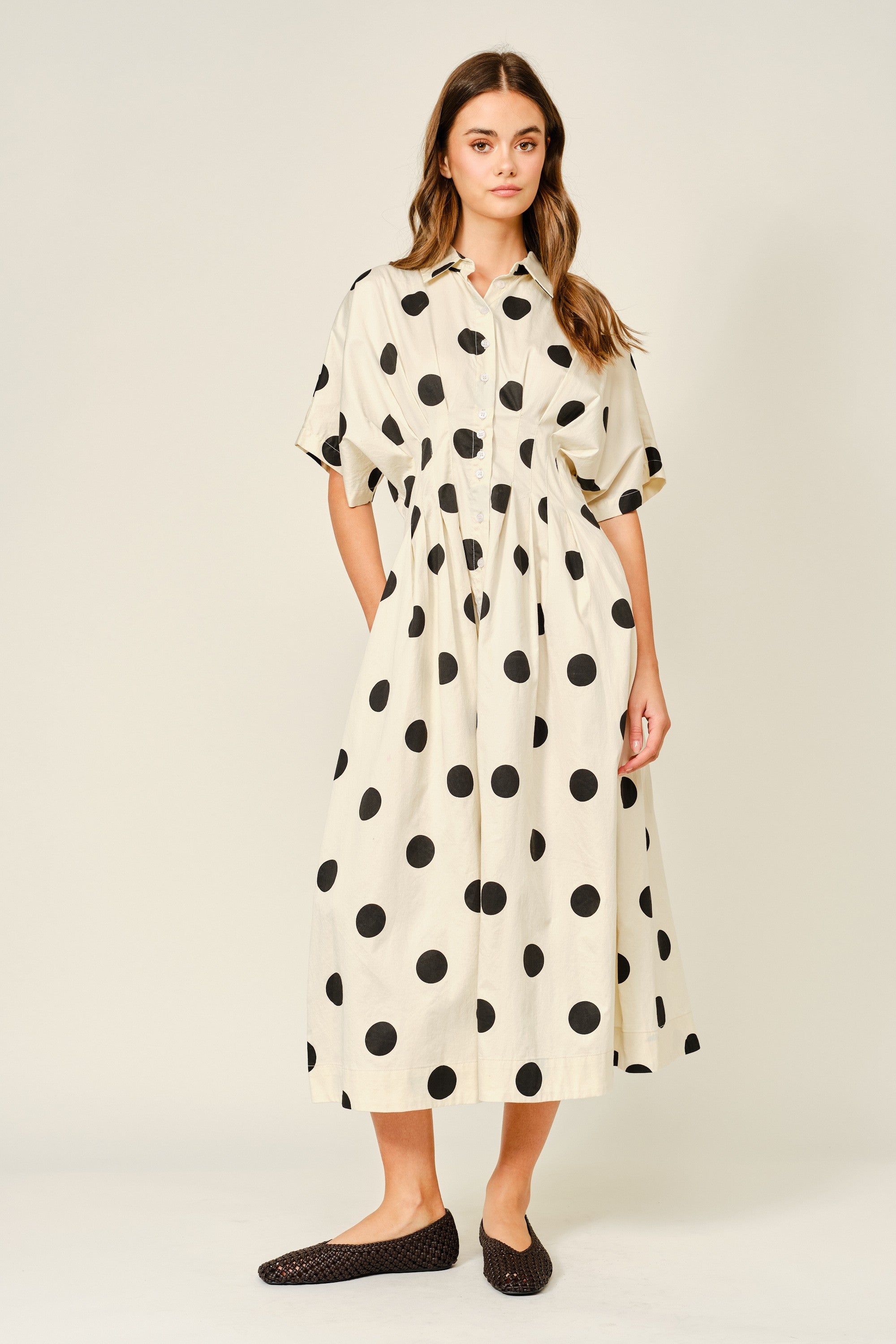 Sheilah Polka Dot Pintuck Midi Dress | Boutique Style