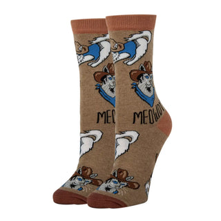 Pair of socks with cowboy cat design on a beige background