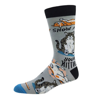 Sock with cat design and text on a white background