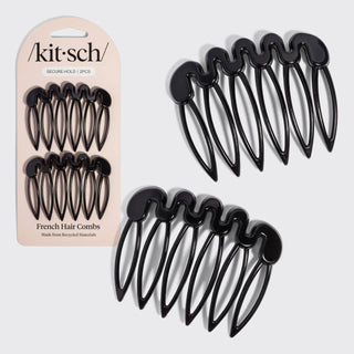 Four black plastic French hair combs shown on a light gray background, with two combs attached to a beige retail card labeled kit-sch.