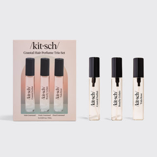 Kit-sch Coastal Hair Perfume Trio Set with packaging on a light gray background