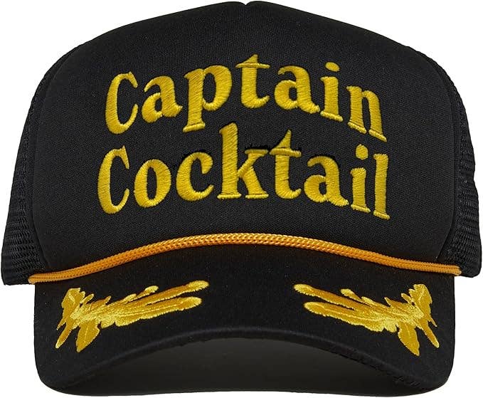 Black cap with 'Captain Cocktail' text in yellow on a white background