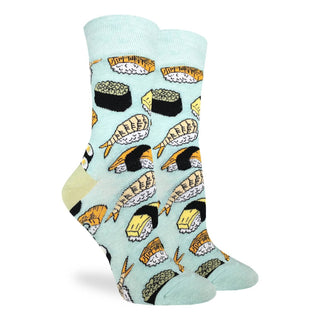 Socks with sushi pattern on a light blue background