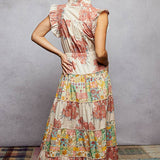 V-Neck Sleeveless Ruffle Floral Printed Maxi Dress: PEACH FLORAL / L