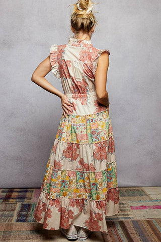 V-Neck Sleeveless Ruffle Floral Printed Maxi Dress: PEACH FLORAL / L