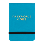 Blue notebook with 'Passwords & Shit' text on a white background