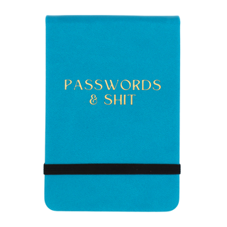 Blue notebook with 'Passwords & Shit' text on a white background