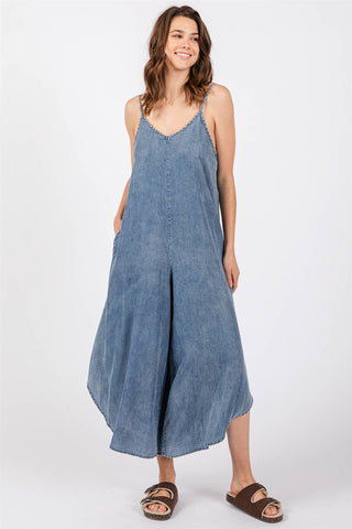 DENIM SLOUCHY FITTED JUMPSUIT - VJ3103A: MED WASH / S