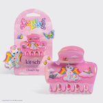Pink hair clip with unicorn design and 'Lisa Frank' packaging on a white background