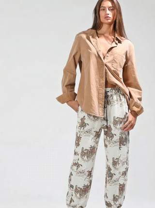 NB80007-5 Horse Print Elastic Waist Cuffed Sweatpants: CREAM COMBO / M