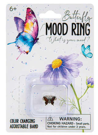 Butterfly mood ring packaging with butterfly and flower illustration on a white background