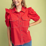 red top with ruffle puff sleeve