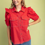 red top with ruffle puff sleeve