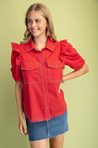 red top with ruffle puff sleeve