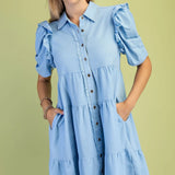 Woman wearing a light blue dress with ruffled sleeves against a green background