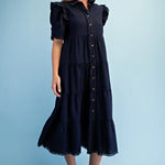 Long navy dress with ruffle sleeve
