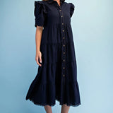 Long navy dress with ruffle sleeve
