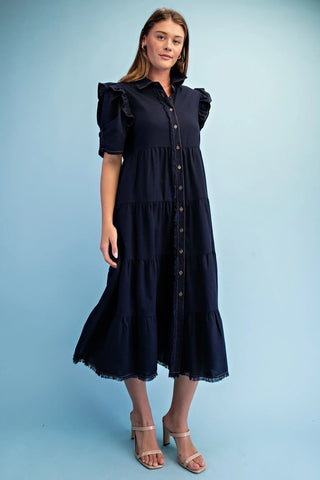 Long navy dress with ruffle sleeve