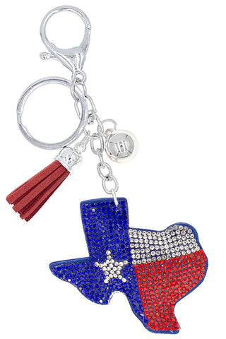 Keychain with Texas-shaped flag pendant on a white background