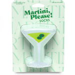 A novelty sock shaped like a martini glass, packaged on a light green card with the text 'Martini, Please! SOCKS'.