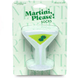 A novelty sock shaped like a martini glass, packaged on a light green card with the text 'Martini, Please! SOCKS'.