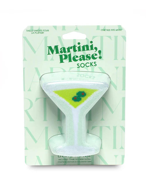 A novelty sock shaped like a martini glass, packaged on a light green card with the text 'Martini, Please! SOCKS'.