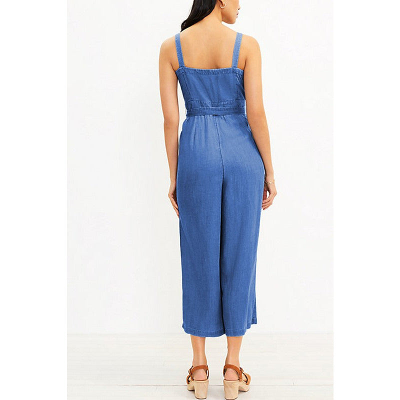 Wide Leg Belted Chambray Strappy Jumpsuit