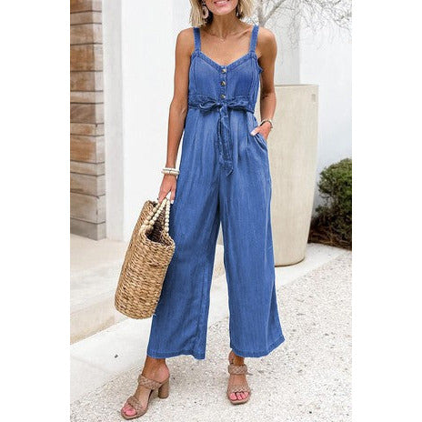 Wide Leg Belted Chambray Strappy Jumpsuit
