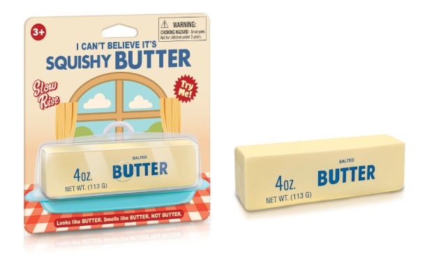 Squishy butter toy with packaging on a white background