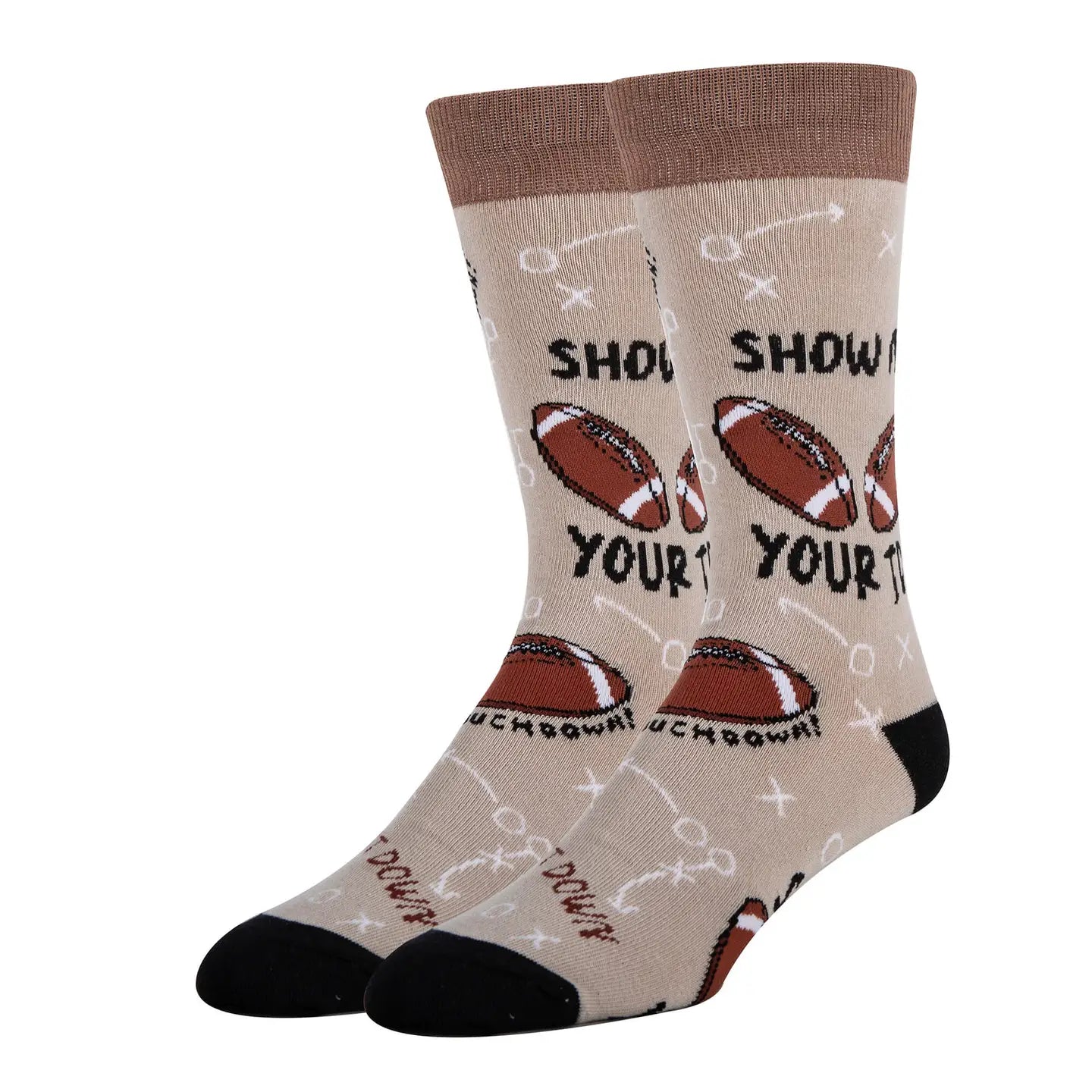 Beige socks with football designs and text on a white background