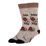 Beige socks with football designs and text on a white background