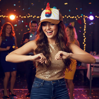 Woman dancing at a party with colorful hat and sequin top