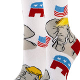 Two socks with elephant and American flag design on a white background