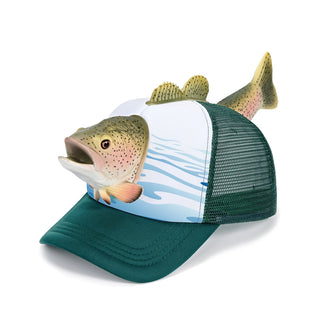 Trucker hat with a fish design on a white background