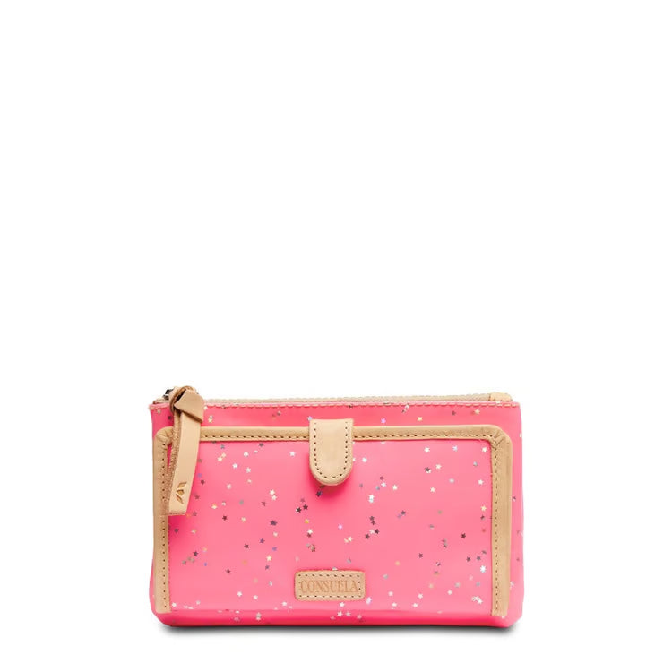 A pink zip-around wallet with a speckled pattern and tan leather trim, shown on a plain white background.