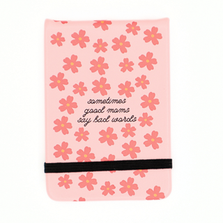 Notebook with pink floral pattern and text on a white background