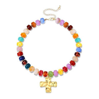 Flat Disc Bead Cross Pendant Necklace Adjustable Choker: Colorful / M