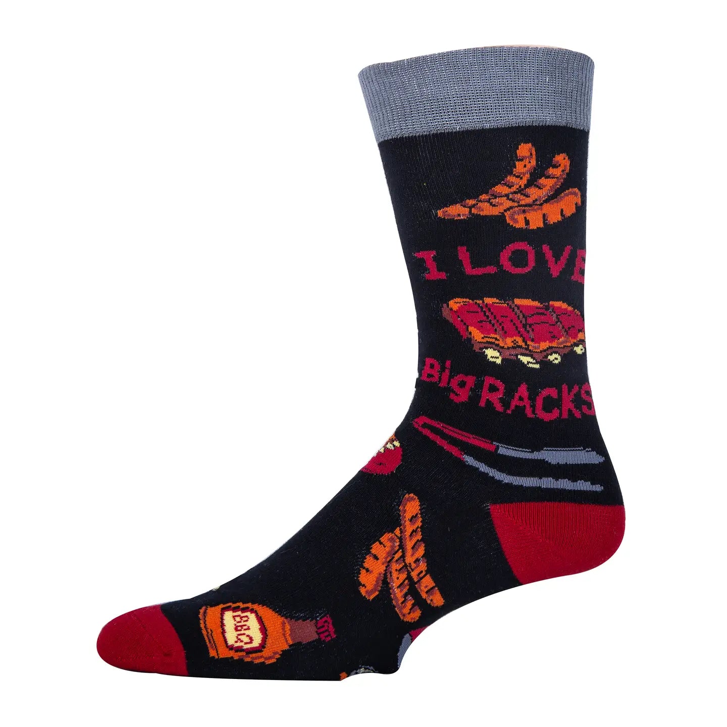 Sock with graphic design and text on a white background