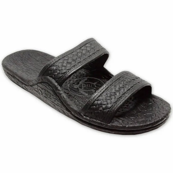 Black woven slide sandal on a white background